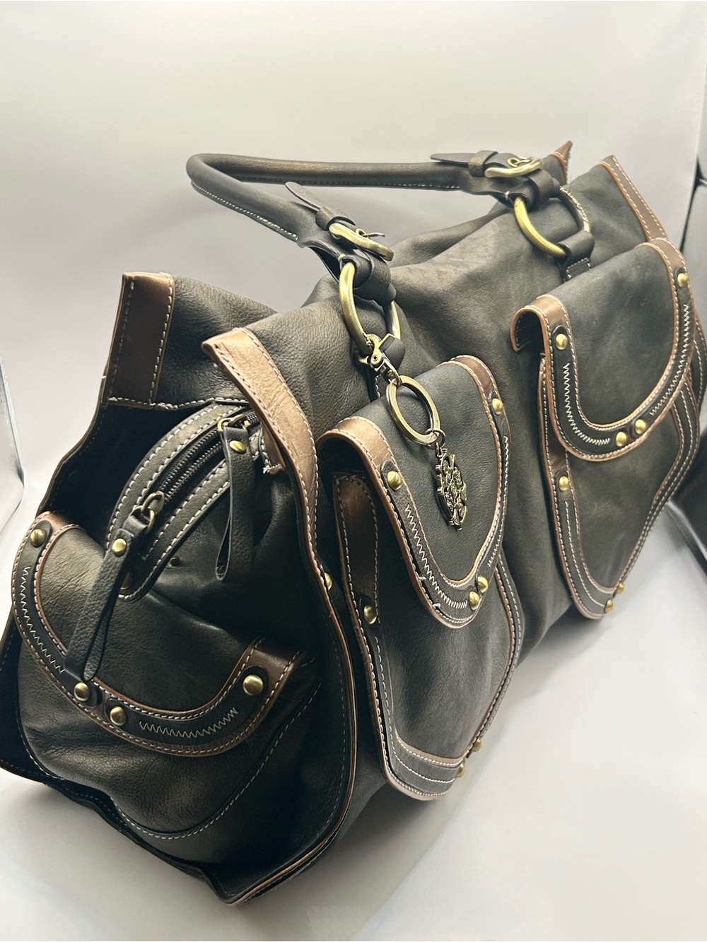 Kate Landry Dark Brown & Tan Leather Shoulder Bag with Brass Accents